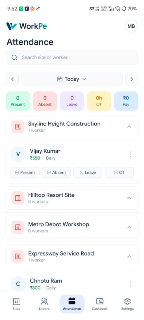 WorkPe daily attendance screen
