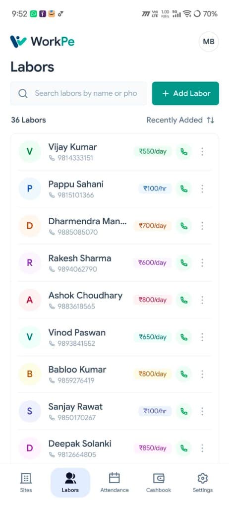 WorkPe labors list screen